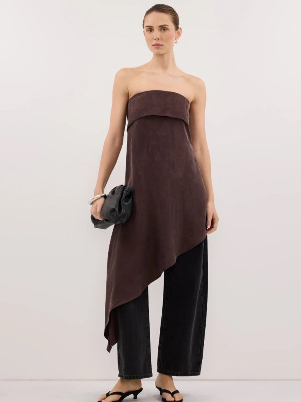 NEW Dissh Venus Plum Choc Cupro Asym Top Strapless Tunic in Brown